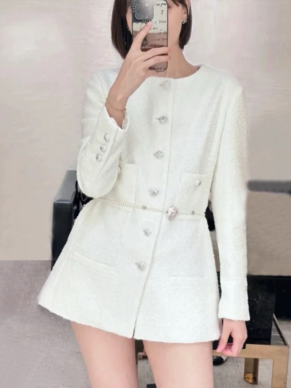 Designer-style White Tweed Button Jacket Dress